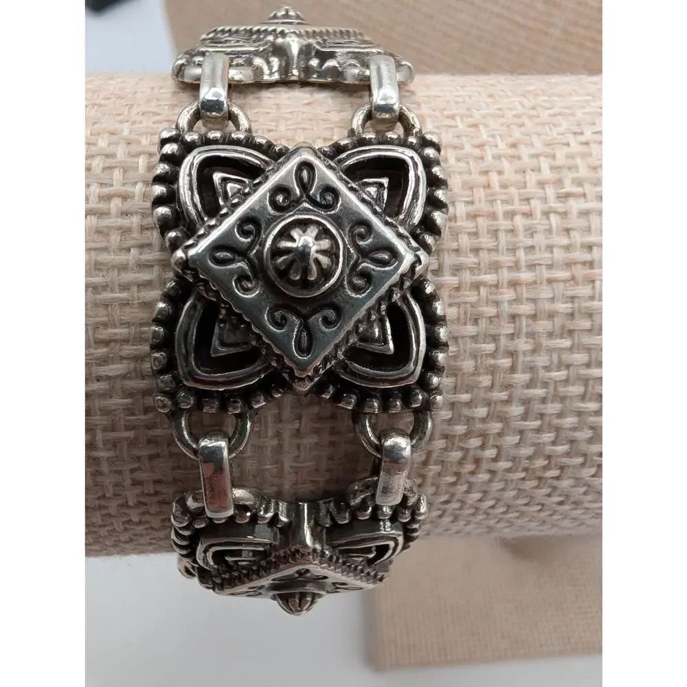 Brighton Ornate Silver Tone Link Bracelet Tribal Bohemian Style Box Clasp 7 Inch